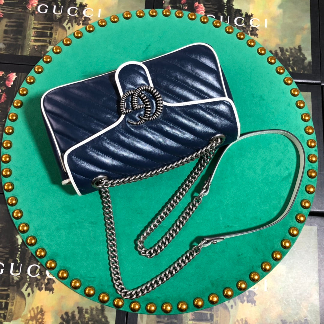 Gucci GG Marmont Small Shoulder Bag - Blue Quilted Leather with White Trim