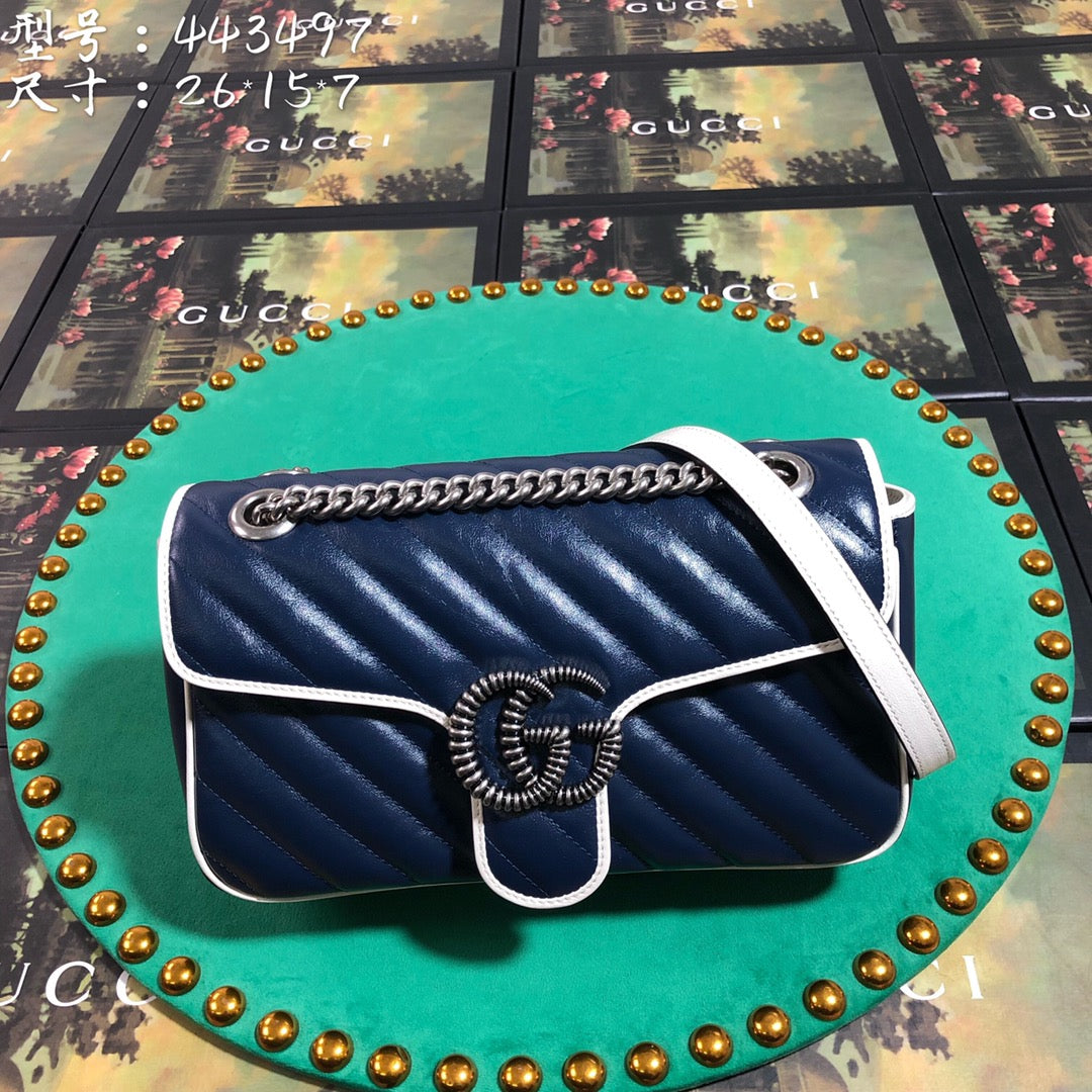Gucci Navy Blue Chevron Quilted Leather Crossbody Bag with White Trim