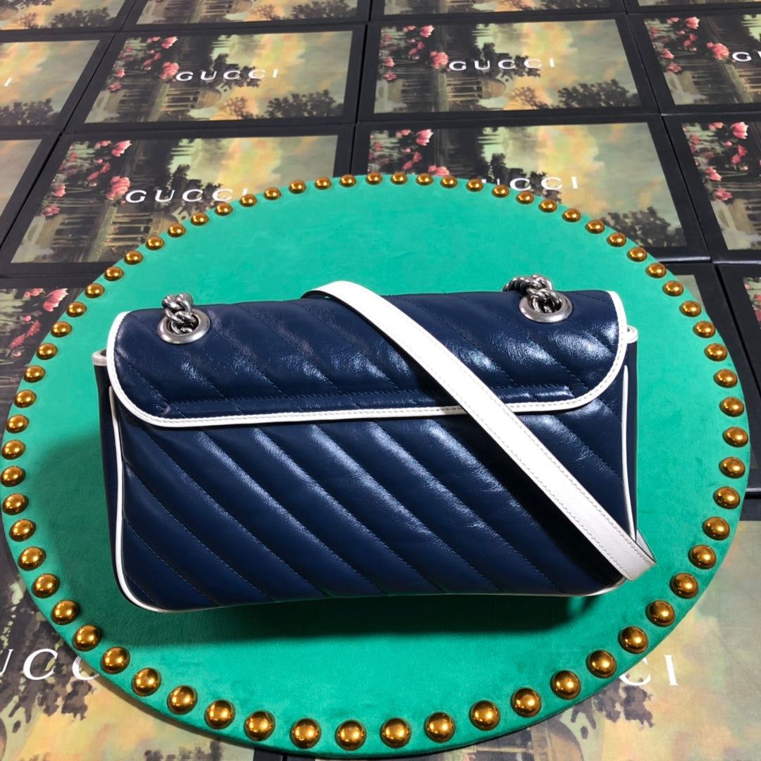 Gucci Navy Blue Chevron Quilted Leather Crossbody Bag with White Trim
