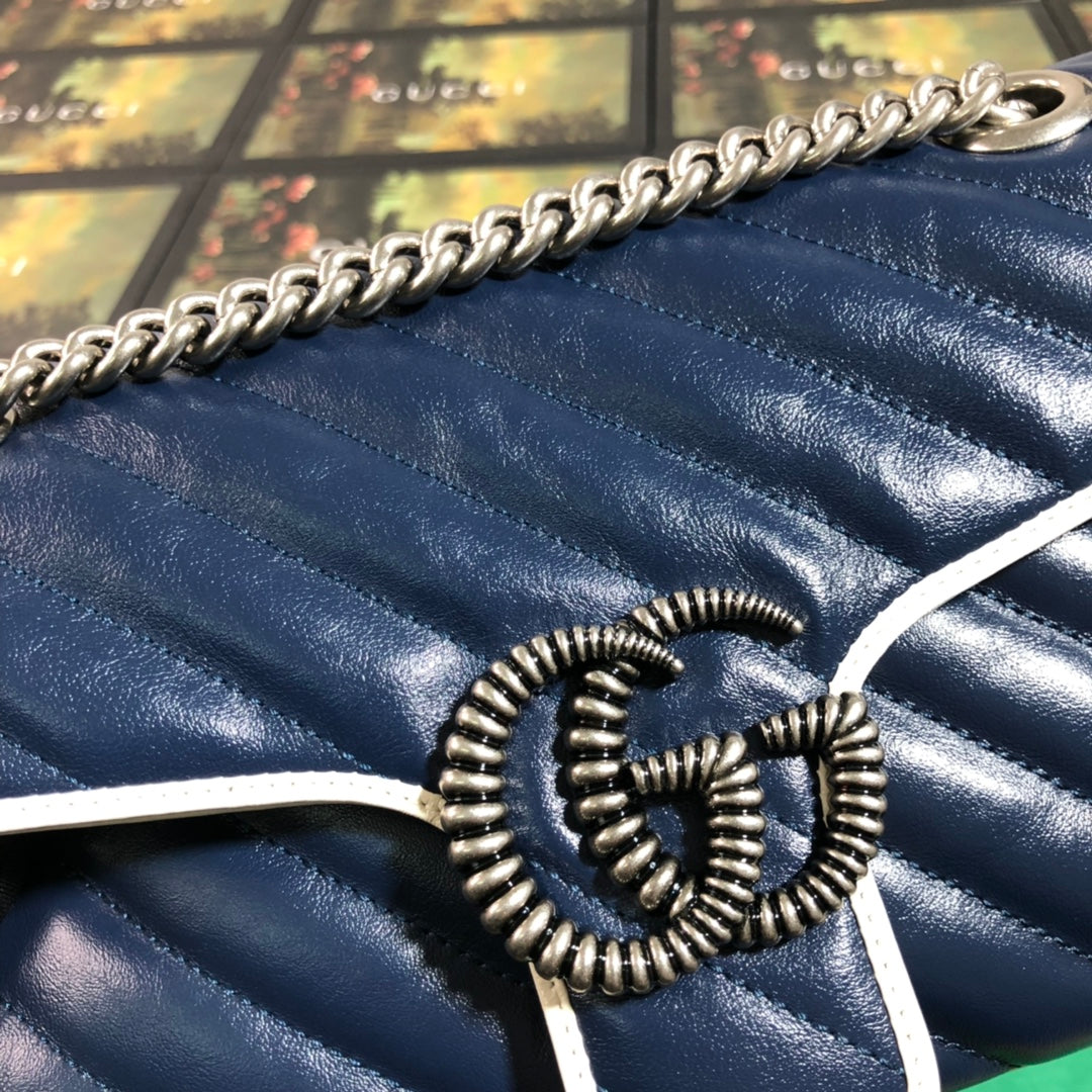 Gucci Navy Blue Chevron Quilted Leather Crossbody Bag with White Trim