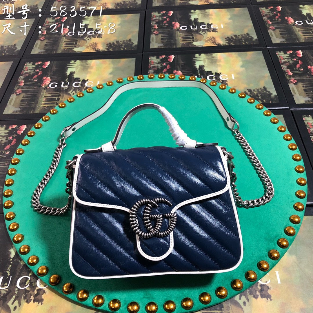 Gucci GG Marmont Small Top Handle Bag - Navy/White Matelassé Leather