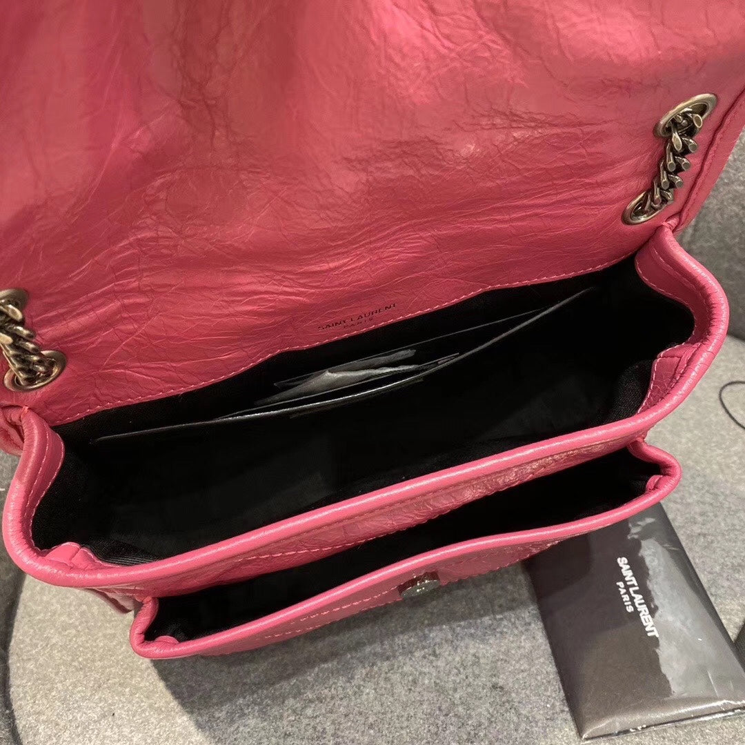 Saint Laurent Niki Baby Chain Bag in Fuchsia Vintage Crinkled Leather