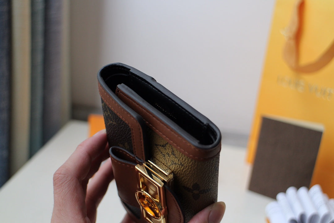 Louis Vuitton Classic Brown Monogram Leather Mini Wallet with Gold Buckle Clasp