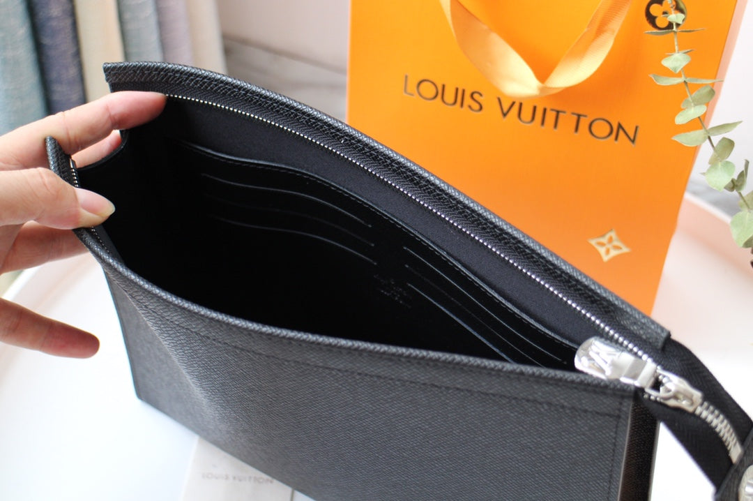 Louis Vuitton Minimalist Black Textured Leather Slim Pouch Zipper Clutch Bag