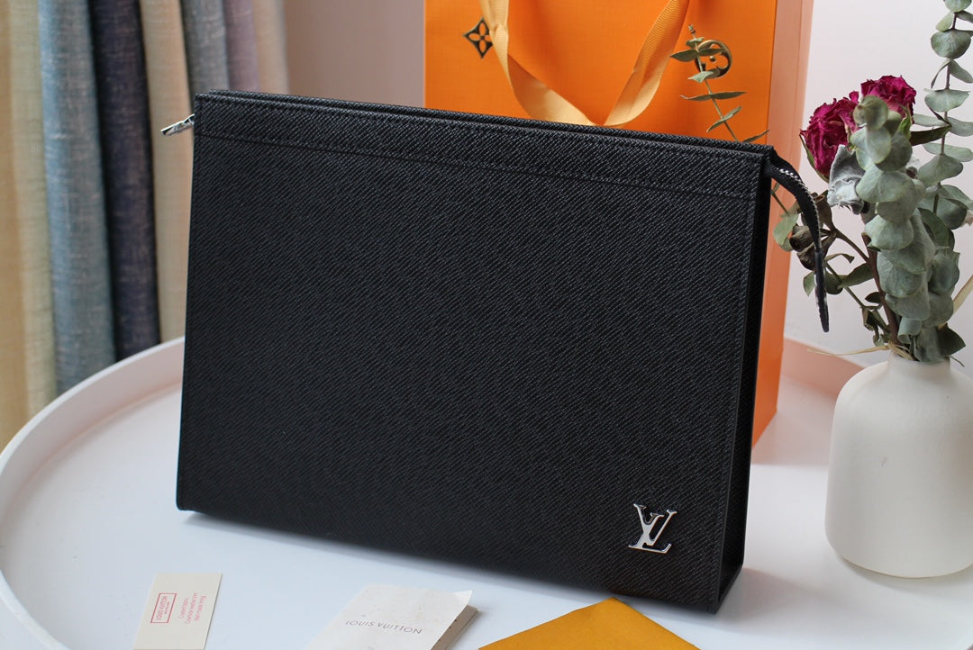 Louis Vuitton Minimalist Black Textured Leather Slim Pouch Zipper Clutch Bag