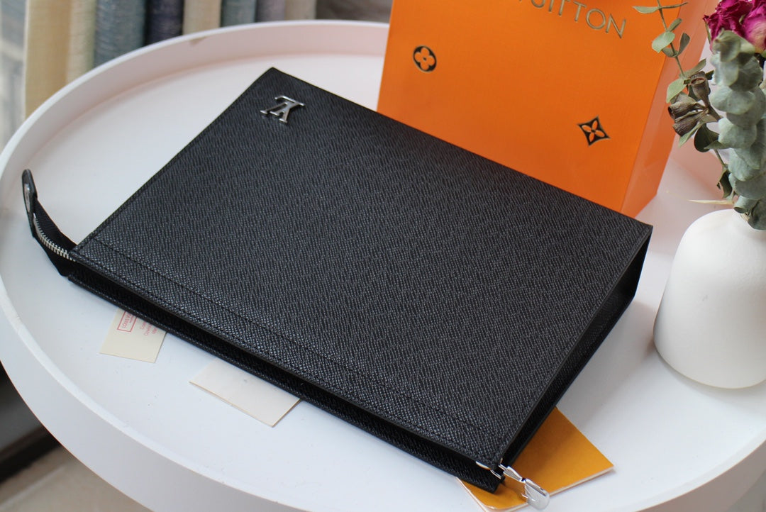 Louis Vuitton Minimalist Black Textured Leather Slim Pouch Zipper Clutch Bag