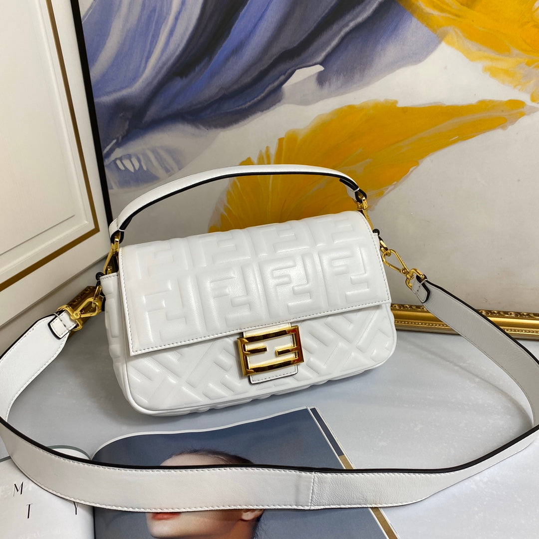 Fendi Baguette White FF Embossed Leather Shoulder Bag