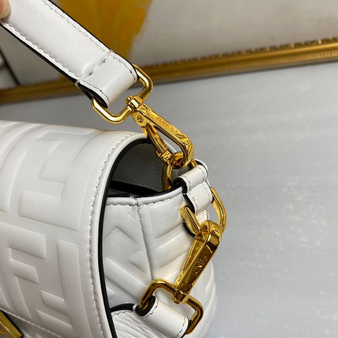 Fendi Baguette White FF Embossed Leather Shoulder Bag