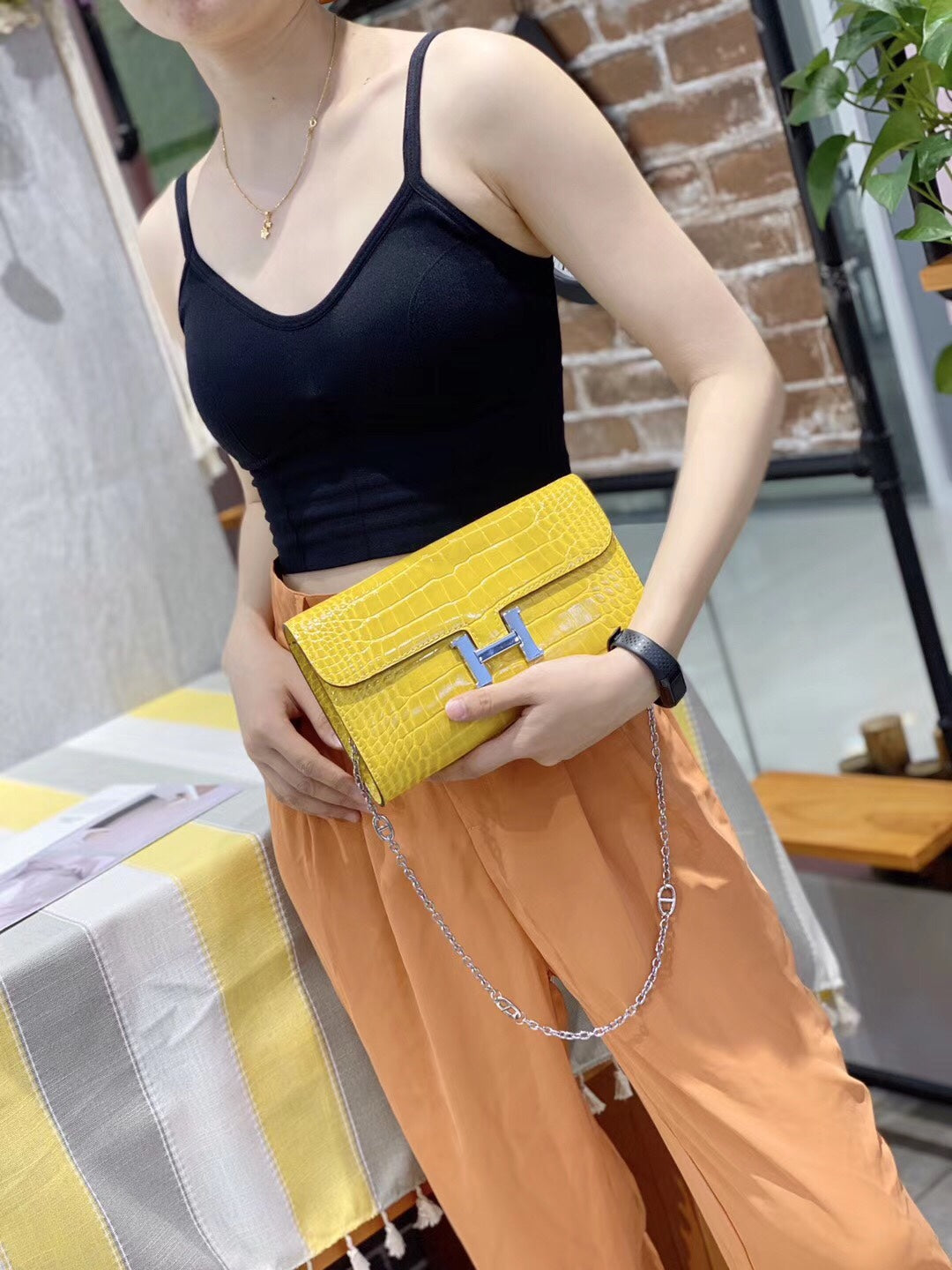 Yellow Crocodile Embossed Leather Shoulder Bag with Silver H Clasp and Chain Strap