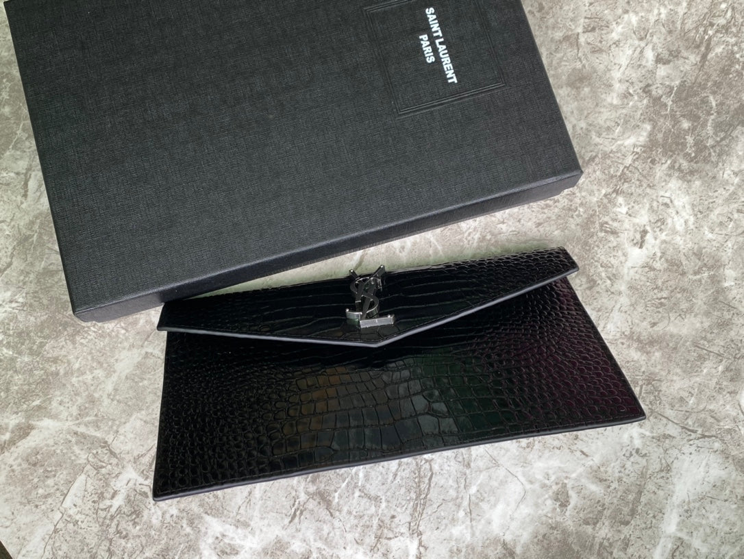 Saint Laurent Monogram Envelope Wallet in Crocodile-Embossed Leather - Black