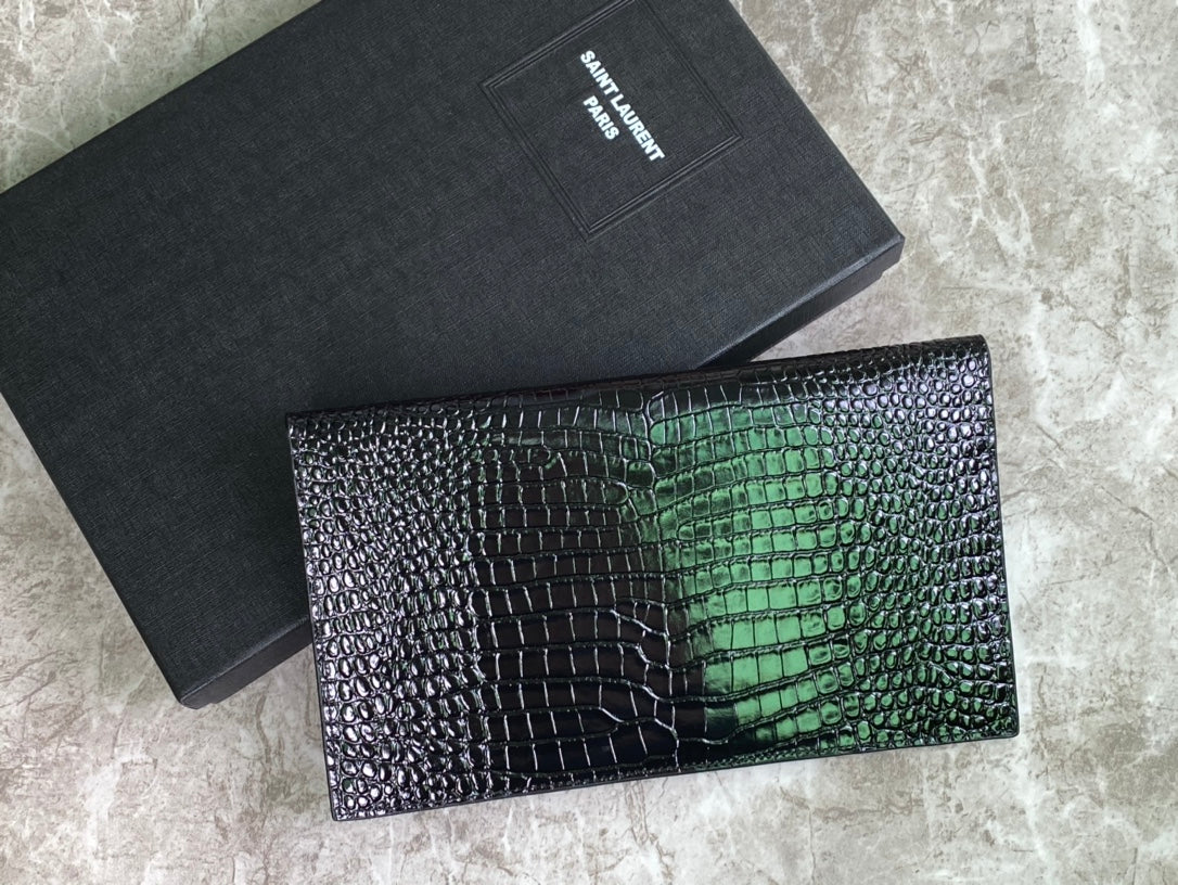Saint Laurent Monogram Envelope Wallet in Crocodile-Embossed Leather - Black