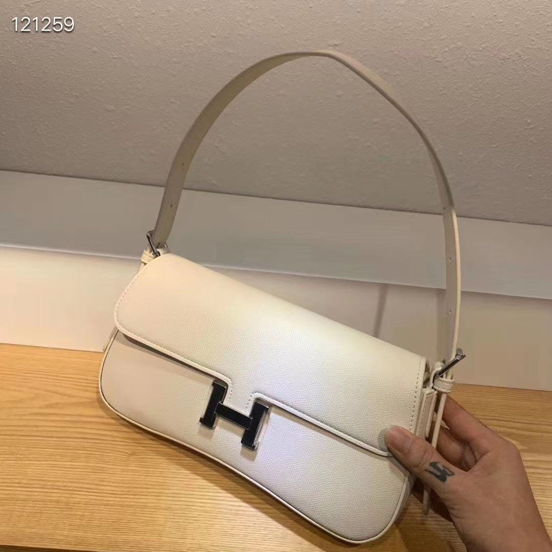 Elegant White Leather H-Logo Shoulder Bag with Silver-Tone Hardware