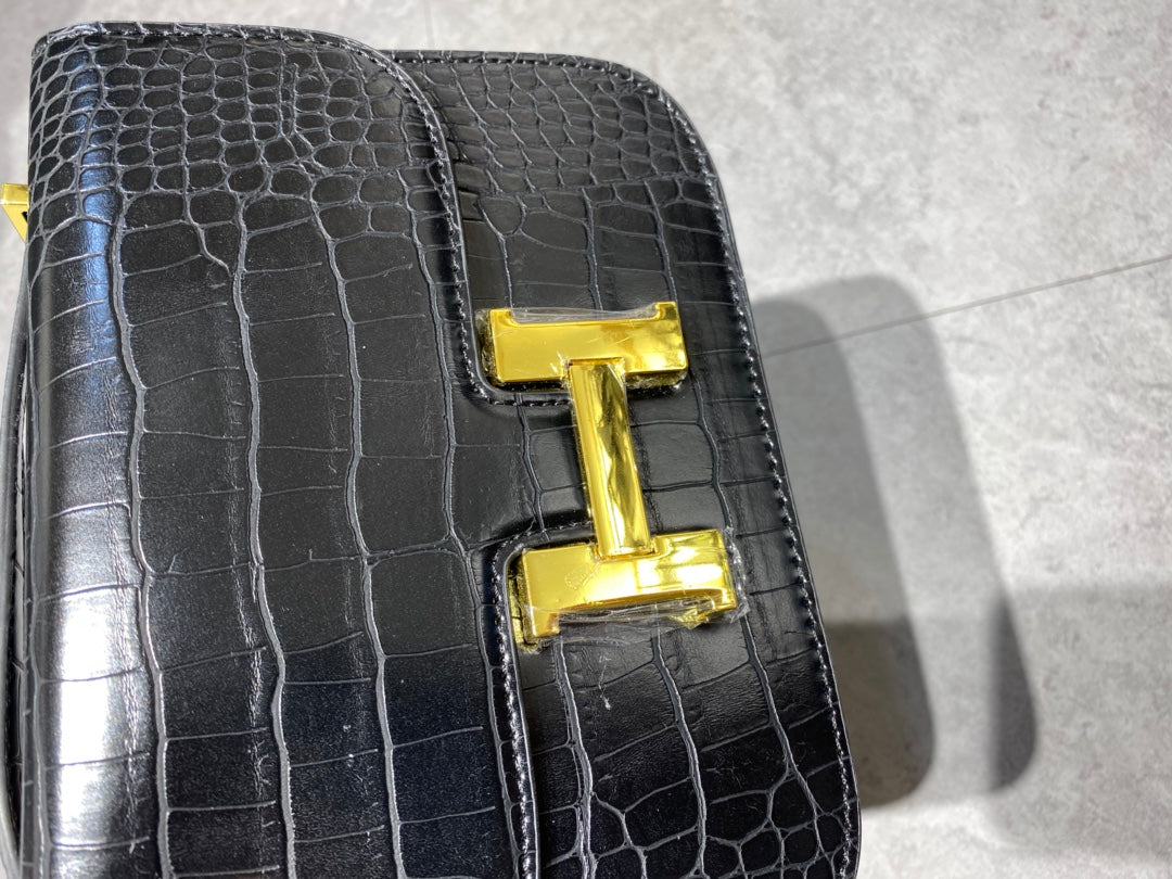 Luxury Black Crocodile Embossed Leather Crossbody Bag with Gold H Clasp