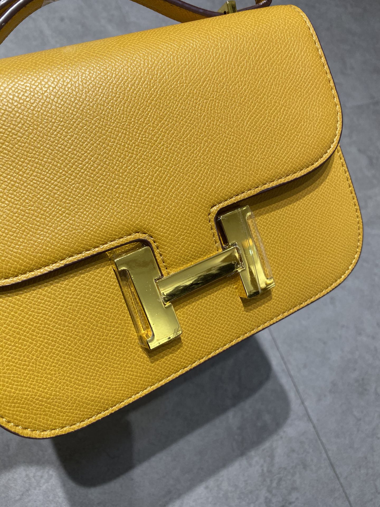 Mustard Yellow Leather Shoulder Bag with Gold H-Clasp - Small Crossbody Handbag