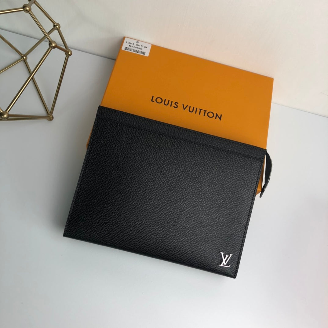Louis Vuitton Minimalist Black Textured Leather Clutch Bag with Zipper