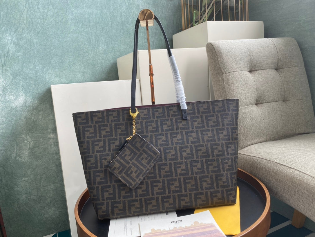 Designer Inspired Logo Print Tote Bag with Matching Pouch - Dark Brown