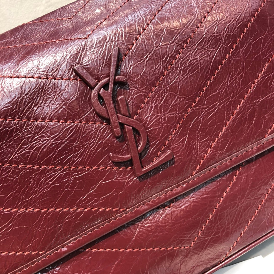 Saint Laurent Niki Medium Shoulder Bag in Burgundy Crinkled Vintage Leather