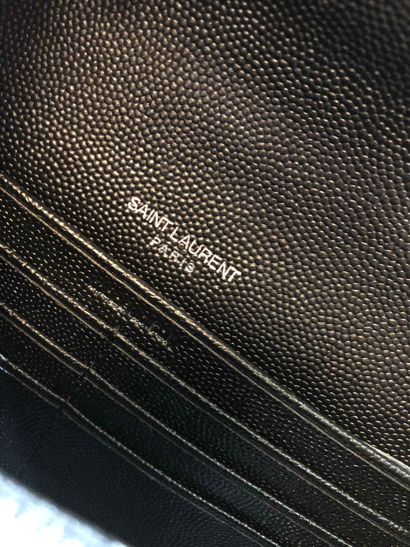 Saint Laurent Cassandre Matelassé Chain Wallet in Black Grain de Poudre Leather