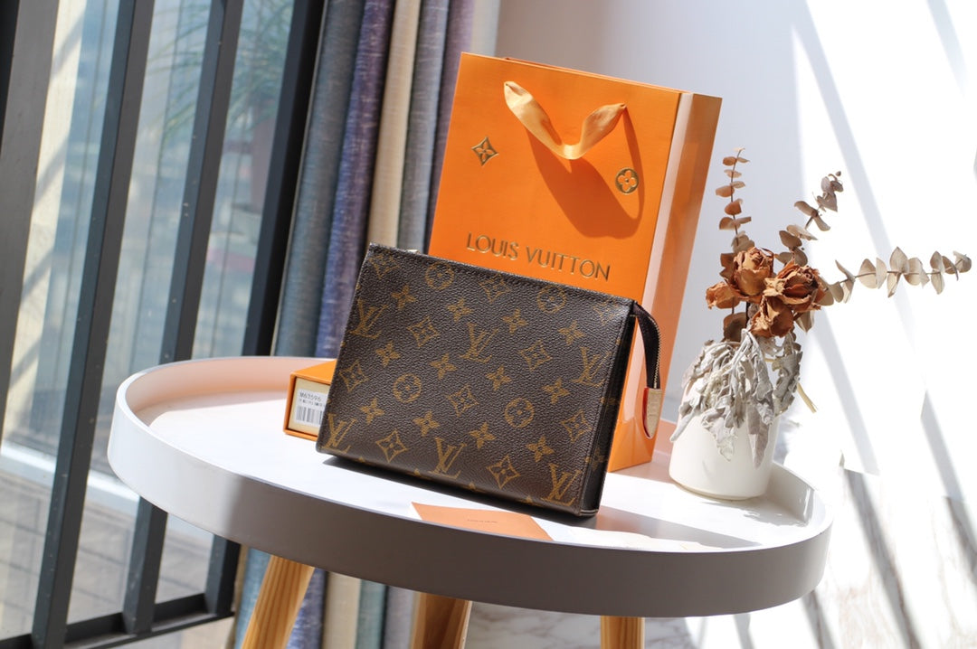 Louis Vuitton Classic Brown Monogram Canvas Clutch Bag and Toiletry Pouch