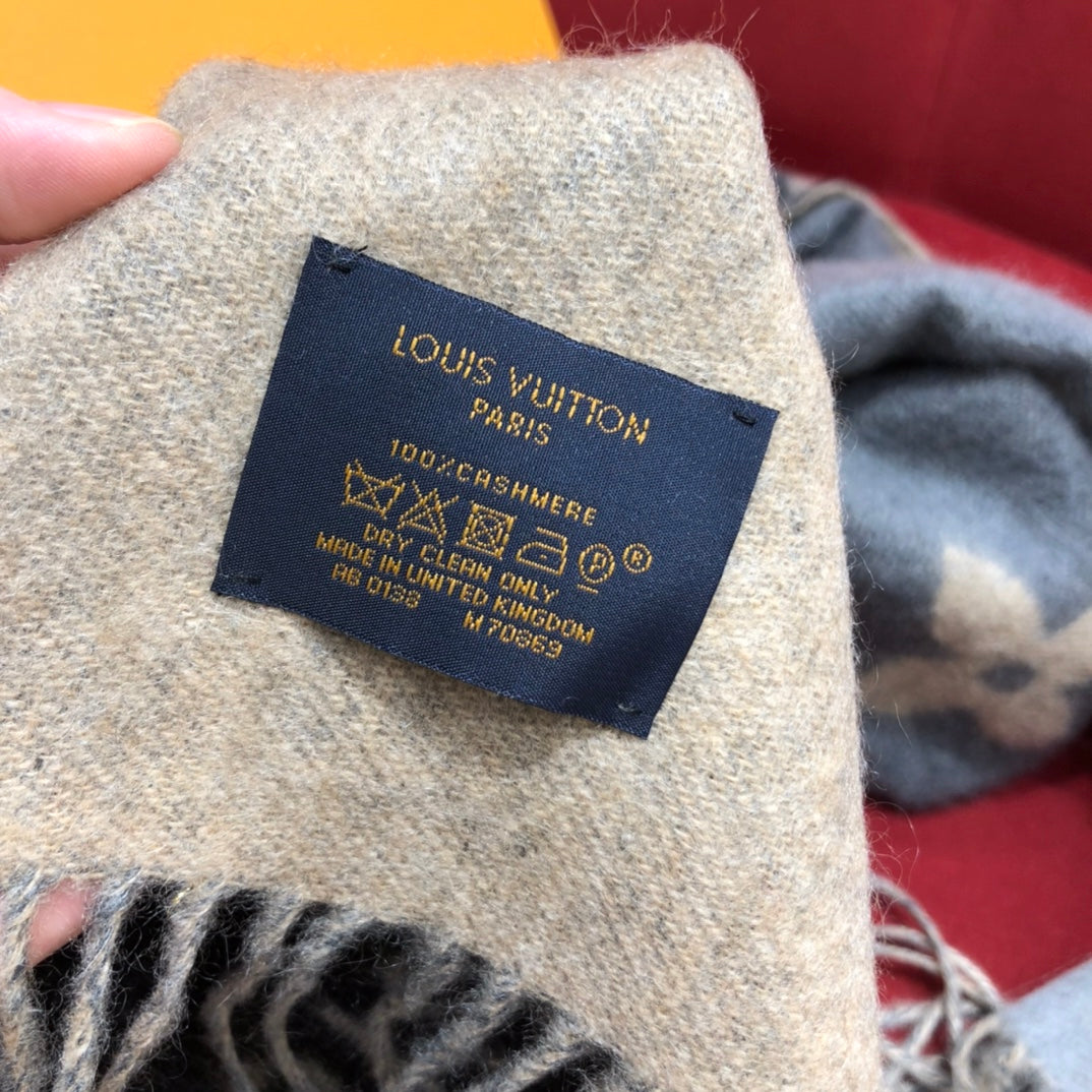 Louis Vuitton Monogram Denim Blue &amp; Navy Fringed Scarf, Luxury Wool Cashmere Blend Designer Shawl
