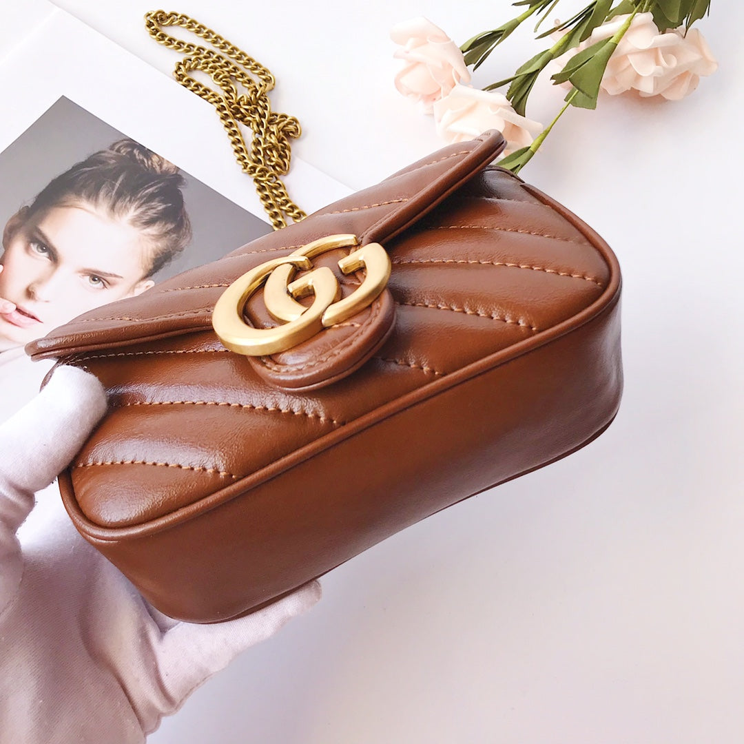 Gucci Brown Chevron Quilted Leather Shoulder Bag with Gold Chain