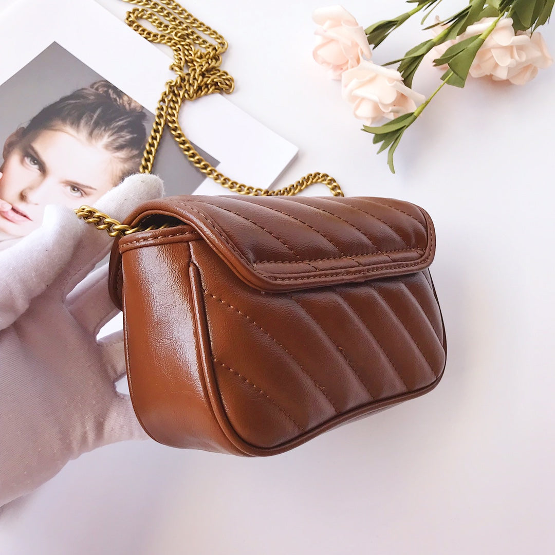 Gucci Brown Chevron Quilted Leather Shoulder Bag with Gold Chain