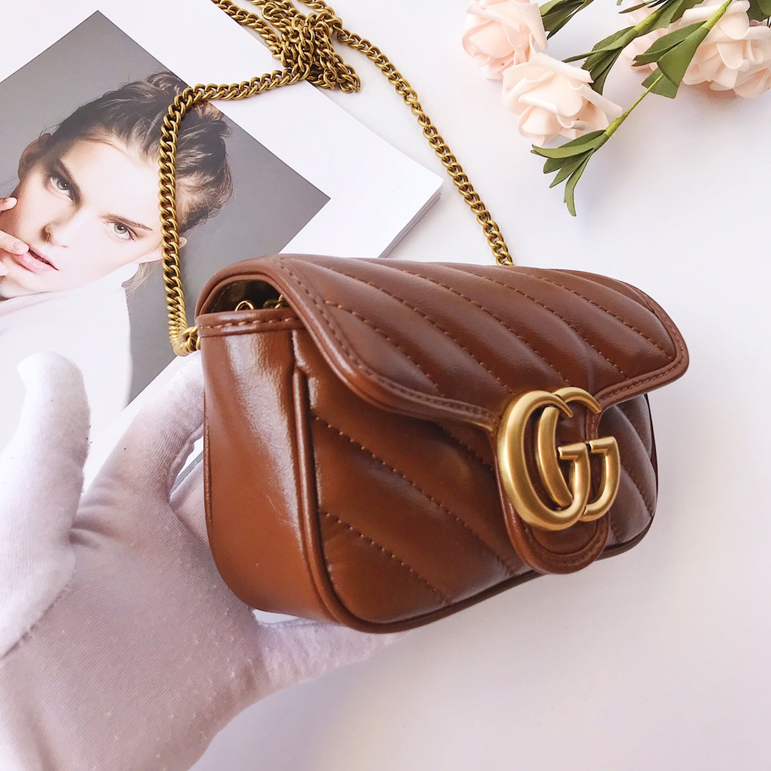 Gucci Brown Chevron Quilted Leather Shoulder Bag with Gold Chain