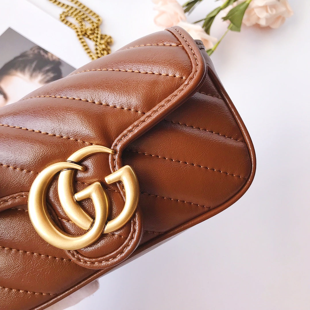 Gucci Brown Chevron Quilted Leather Shoulder Bag with Gold Chain