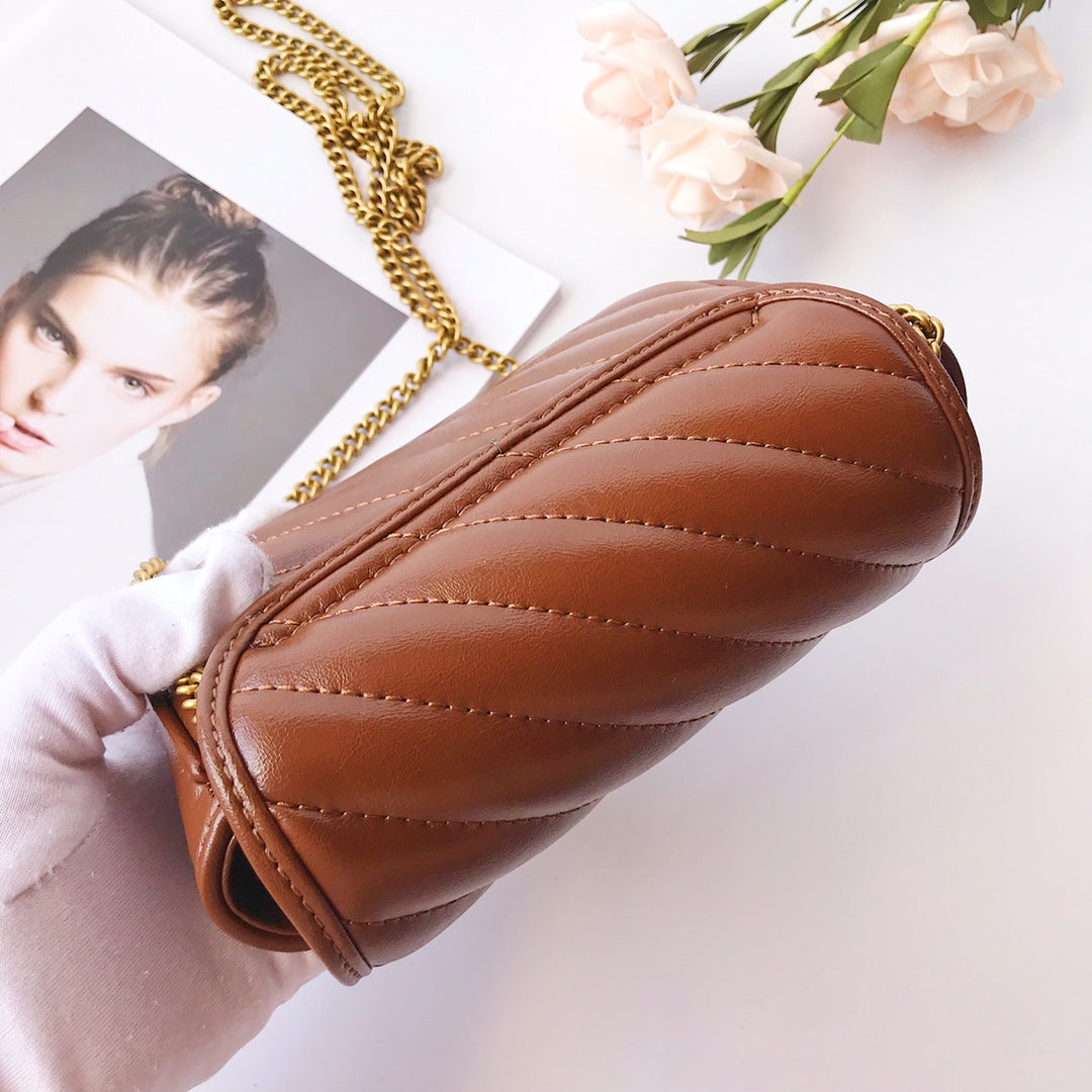 Gucci Brown Chevron Quilted Leather Shoulder Bag with Gold Chain