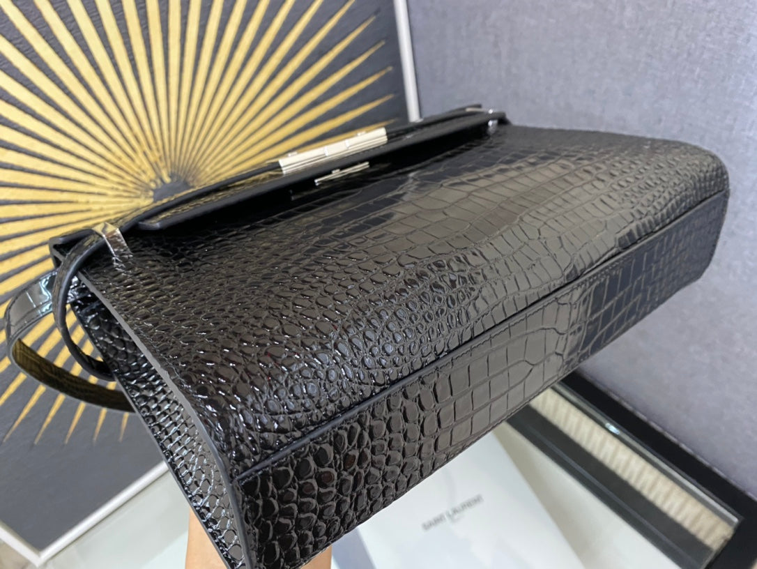 Saint Laurent Manhattan Small Shoulder Bag in Crocodile-Embossed Leather - Black