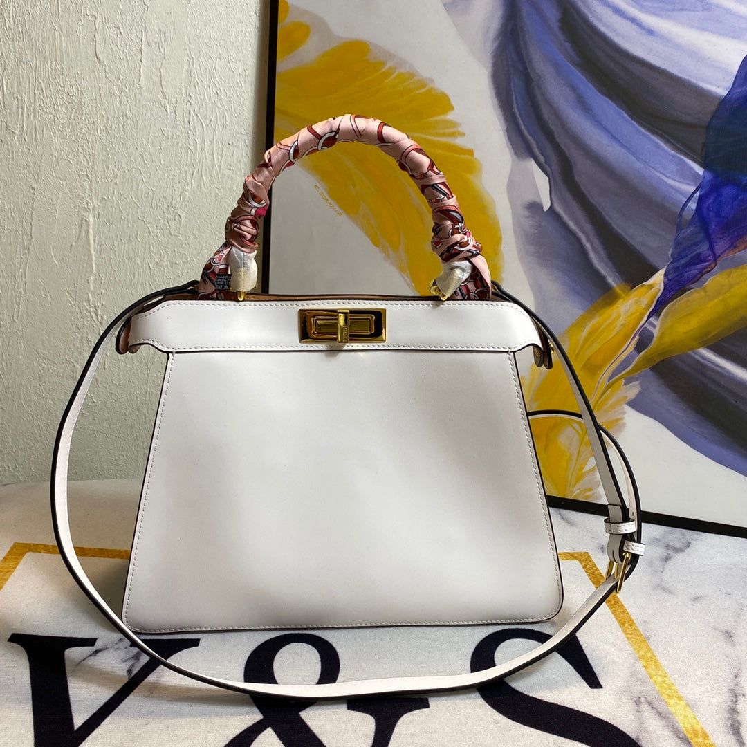 Elegant White Leather Top Handle Handbag with Scarf-Wrapped Handle and Crossbody Strap