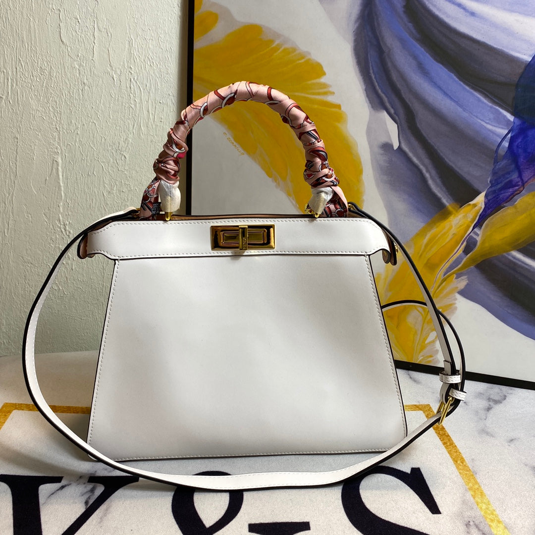 Elegant White Leather Top Handle Handbag with Scarf-Wrapped Handle and Crossbody Strap