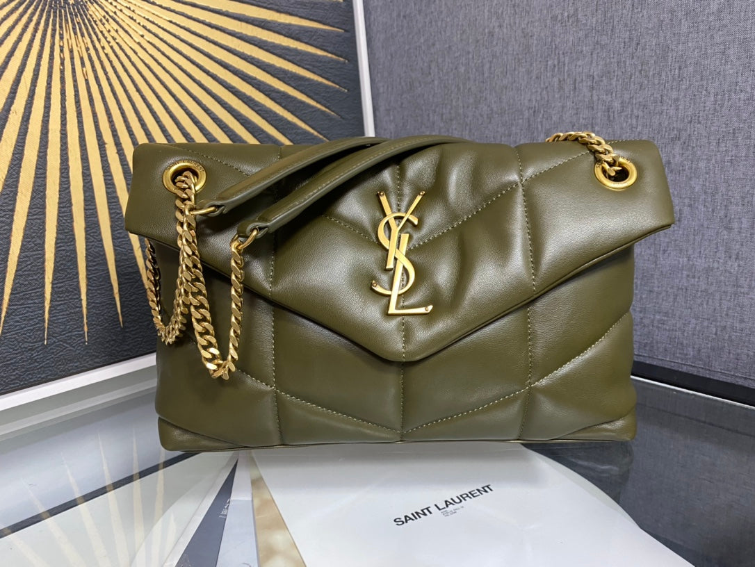 Saint Laurent Puffer Small Bag in Quilted Lambskin Leather - Olive Green