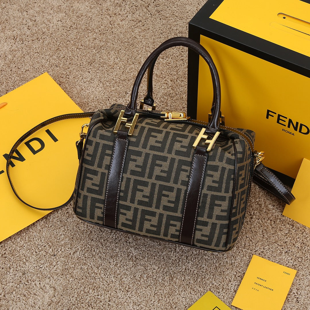 Fendi Zucca Monogram Canvas Boston Bag with Leather Trim and Shoulder Strap