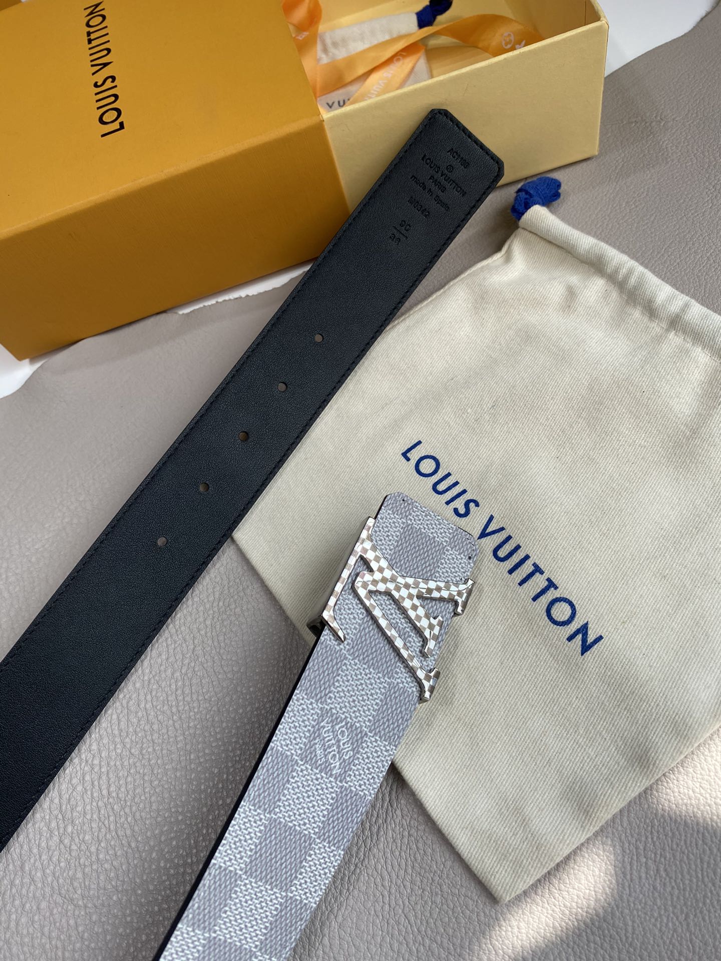 Louis Vuitton LV Initiales 40mm Reversible Belt, Damier Azur Canvas, Silver Buckle, Grey/White