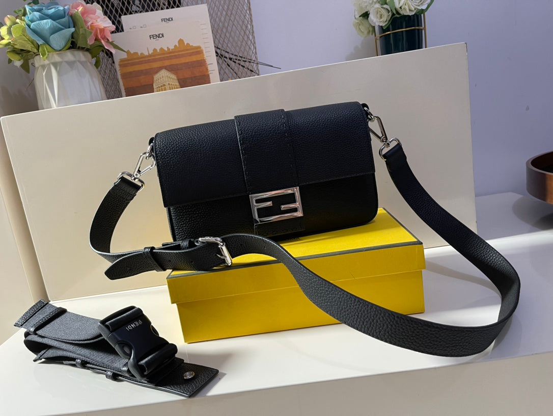 Fendi Black Leather Baguette Shoulder Bag with Silver FF Logo