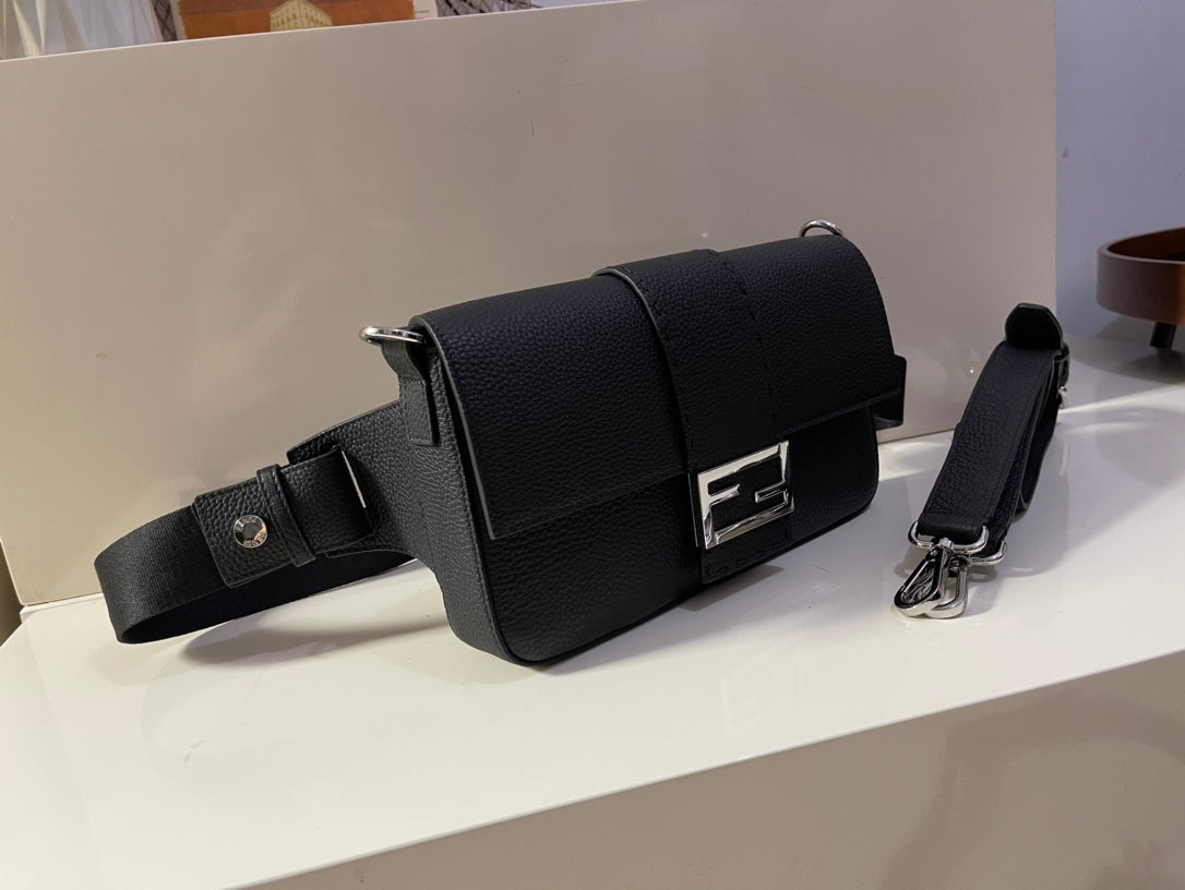 Fendi Black Leather Baguette Shoulder Bag with Silver FF Logo