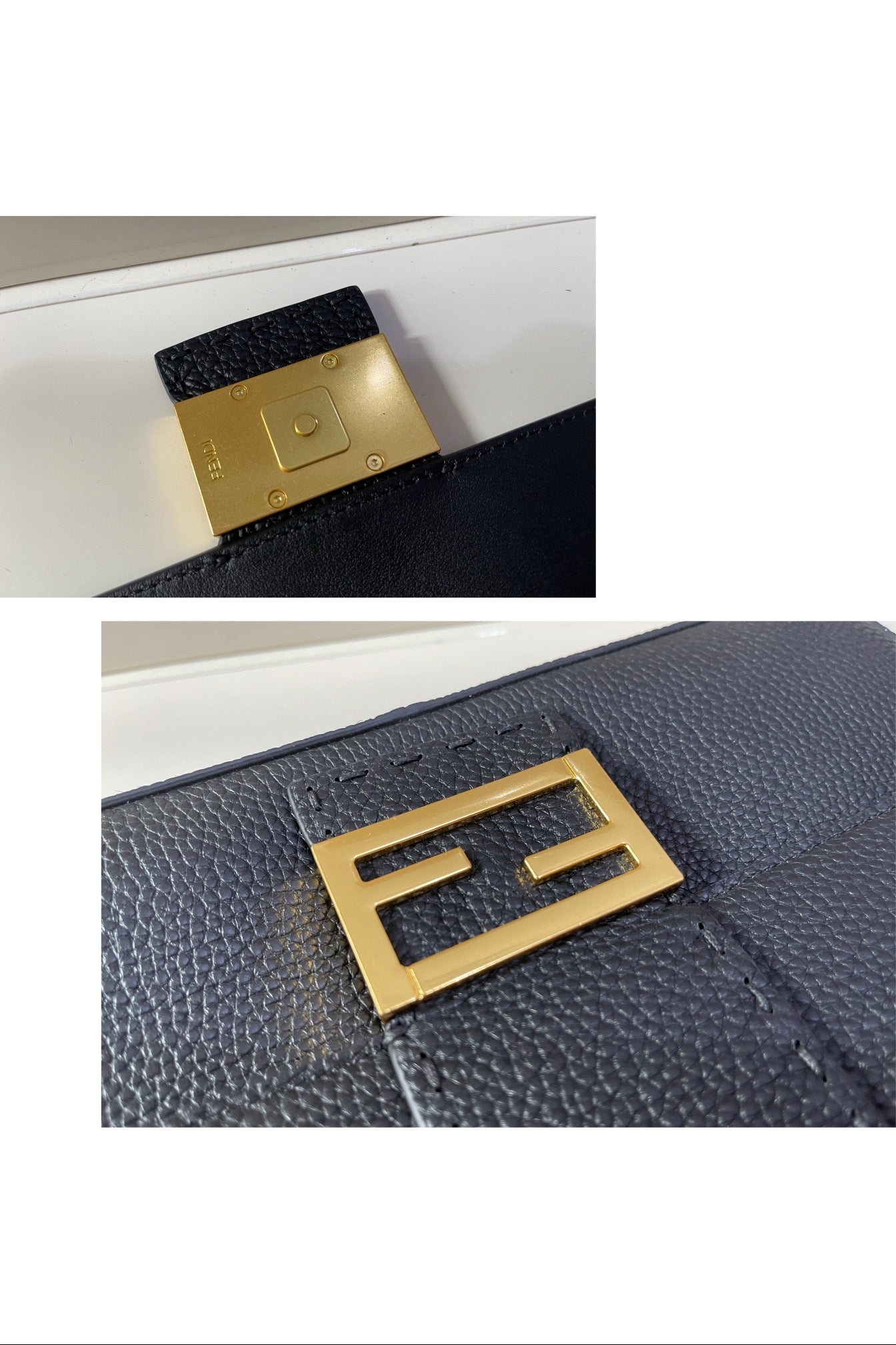 Fendi Black Leather Baguette Shoulder Bag with Gold-Tone FF Logo