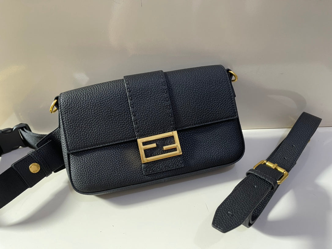 Fendi Black Leather Baguette Bag with Gold FF Hardware