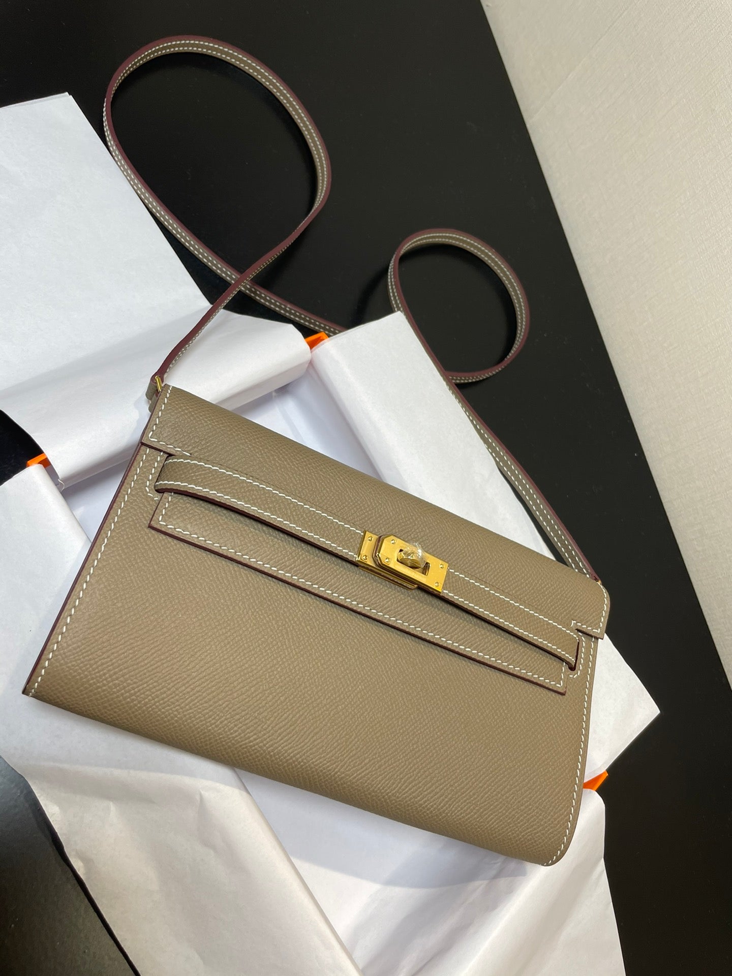 Two-Tone Leather Kelly Style Wallet Clutch Bag - Taupe and Cream