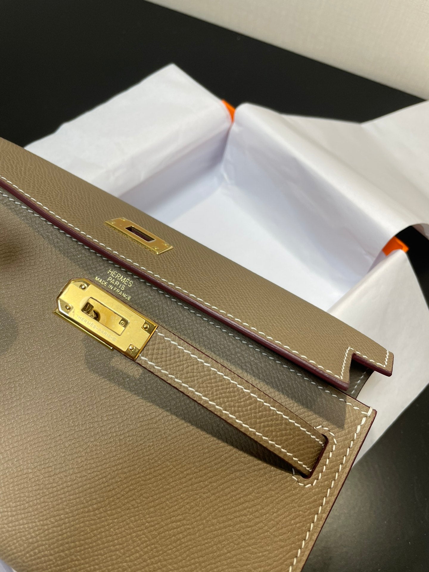 Two-Tone Leather Kelly Style Wallet Clutch Bag - Taupe and Cream