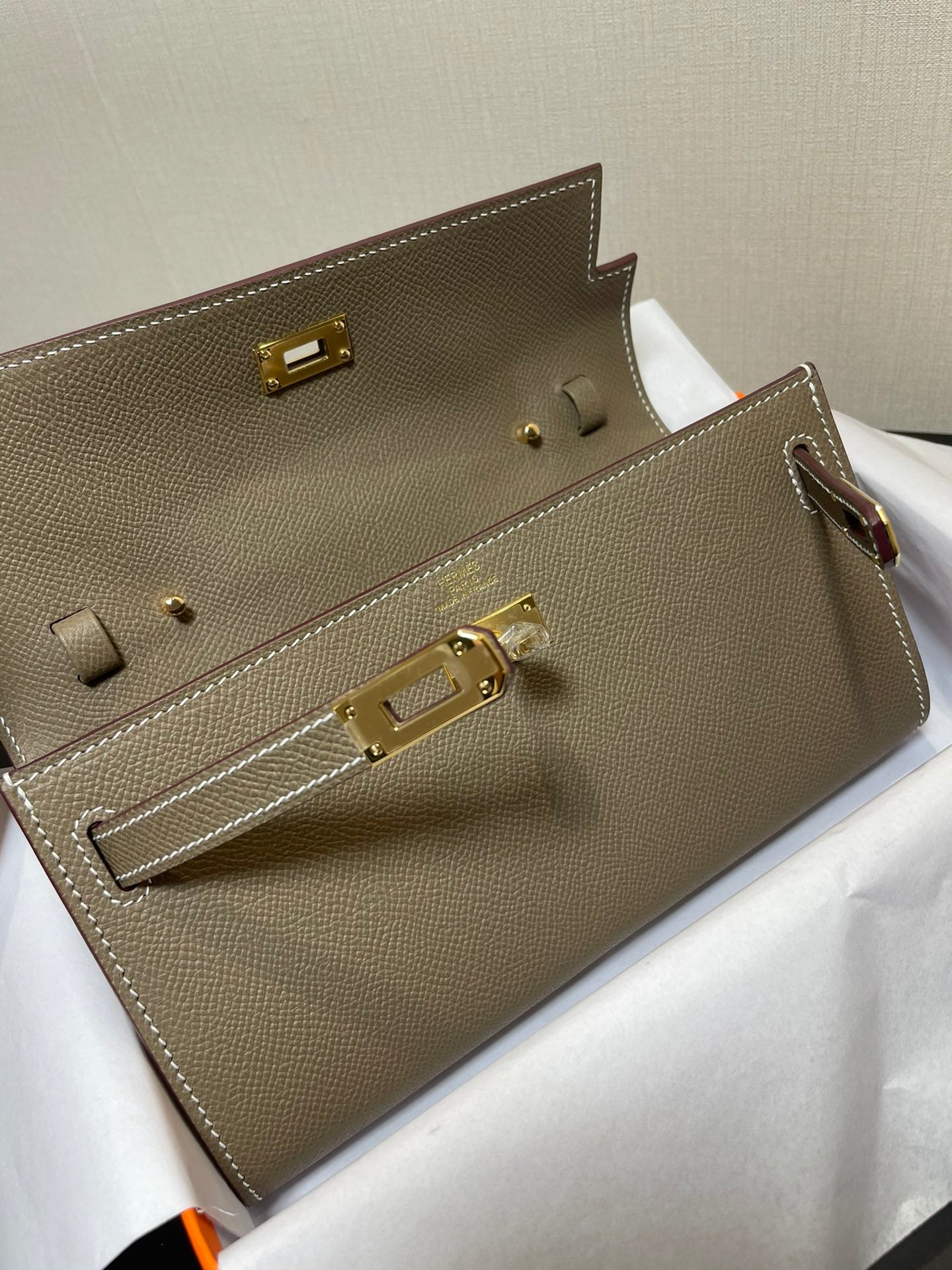 Two-Tone Leather Kelly Style Wallet Clutch Bag - Taupe and Cream