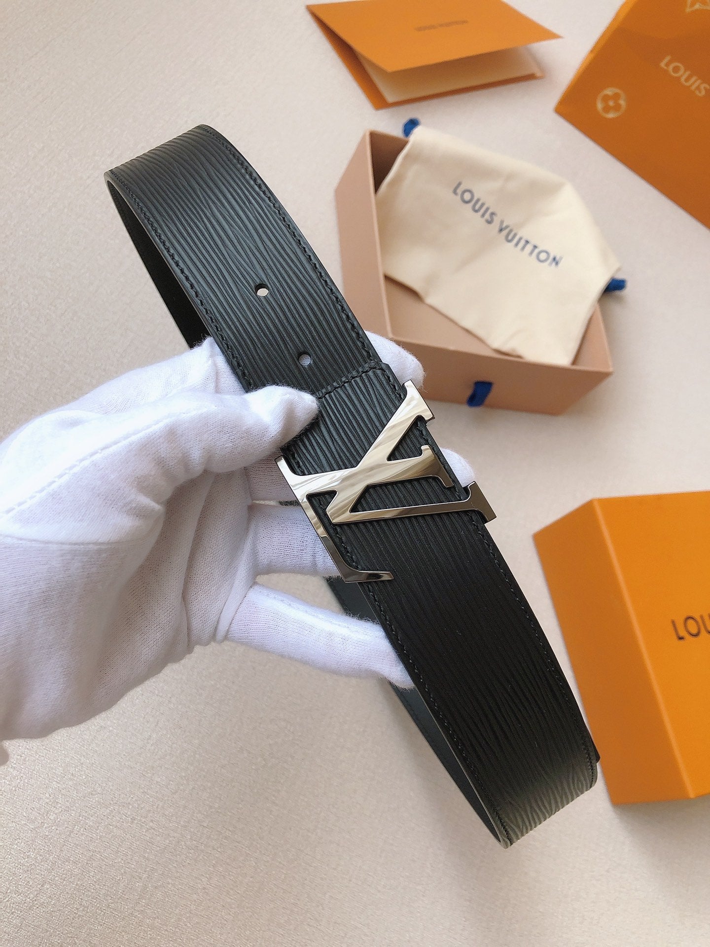Louis Vuitton LV Initial 40mm Belt, Black Epi Leather with Silver-Tone Buckle, Men's Luxury Leather Accessory