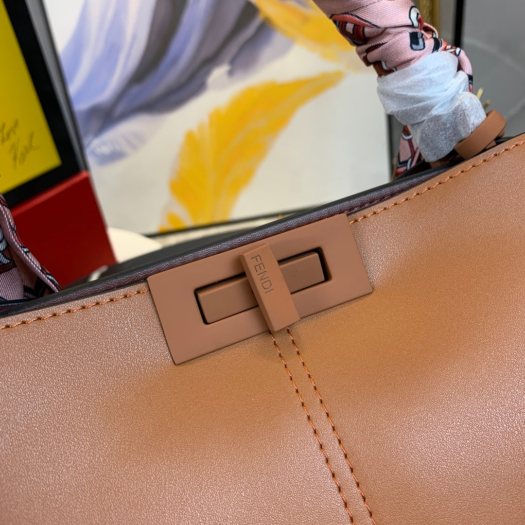 Fendi Peekaboo Brown Leather Handbag with Scarf-Wrapped Handle and Logo Strap