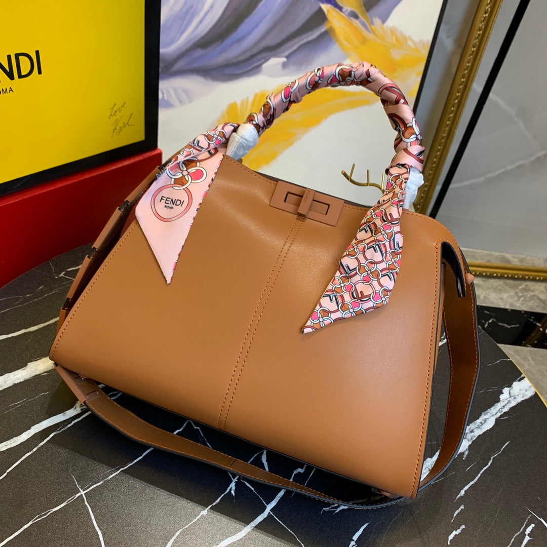 Fendi Peekaboo ISeeU Medium Brown Leather Handbag with Scarf-Wrapped Handle