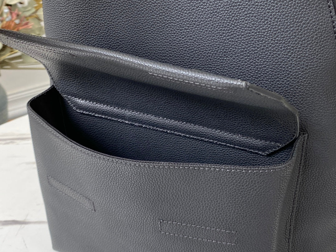 Louis Vuitton Luxury Matte Black Textured Leather Backpack with Pocket