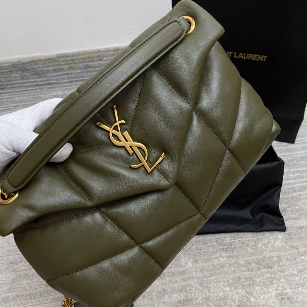 Saint Laurent Loulou Puffer Small Shoulder Bag in Olive Green Quilted Leather
