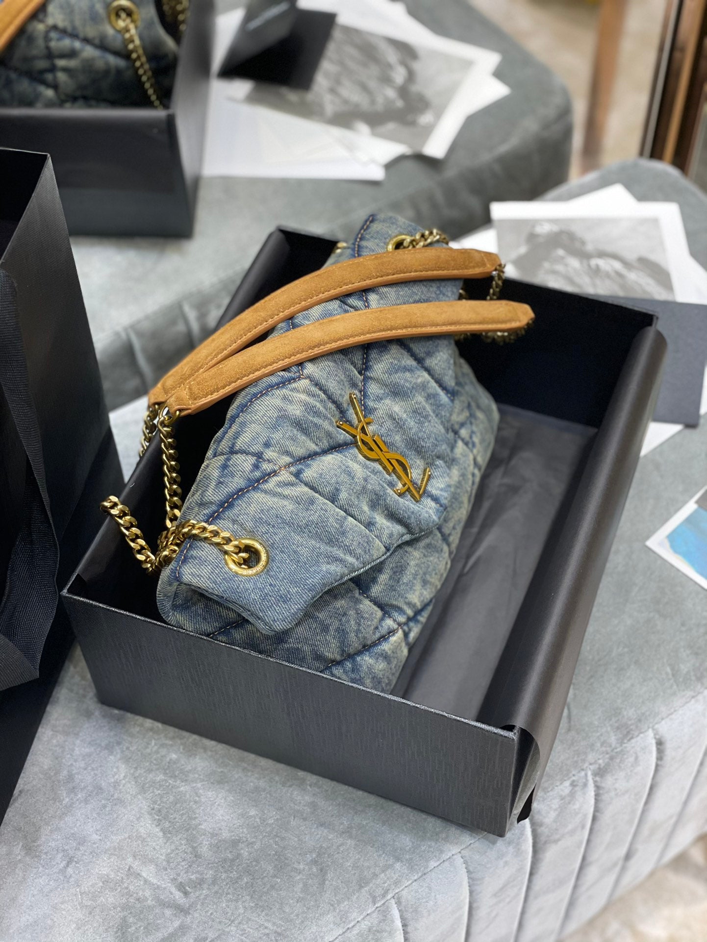 Saint Laurent Medium Loulou Puffer Bag in Quilted Denim and Tan Leather