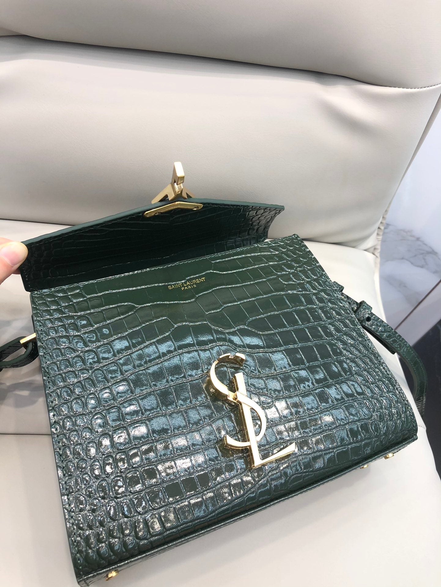 Saint Laurent Cassandra Medium Top Handle Bag in Crocodile-Embossed Leather - Dark Green