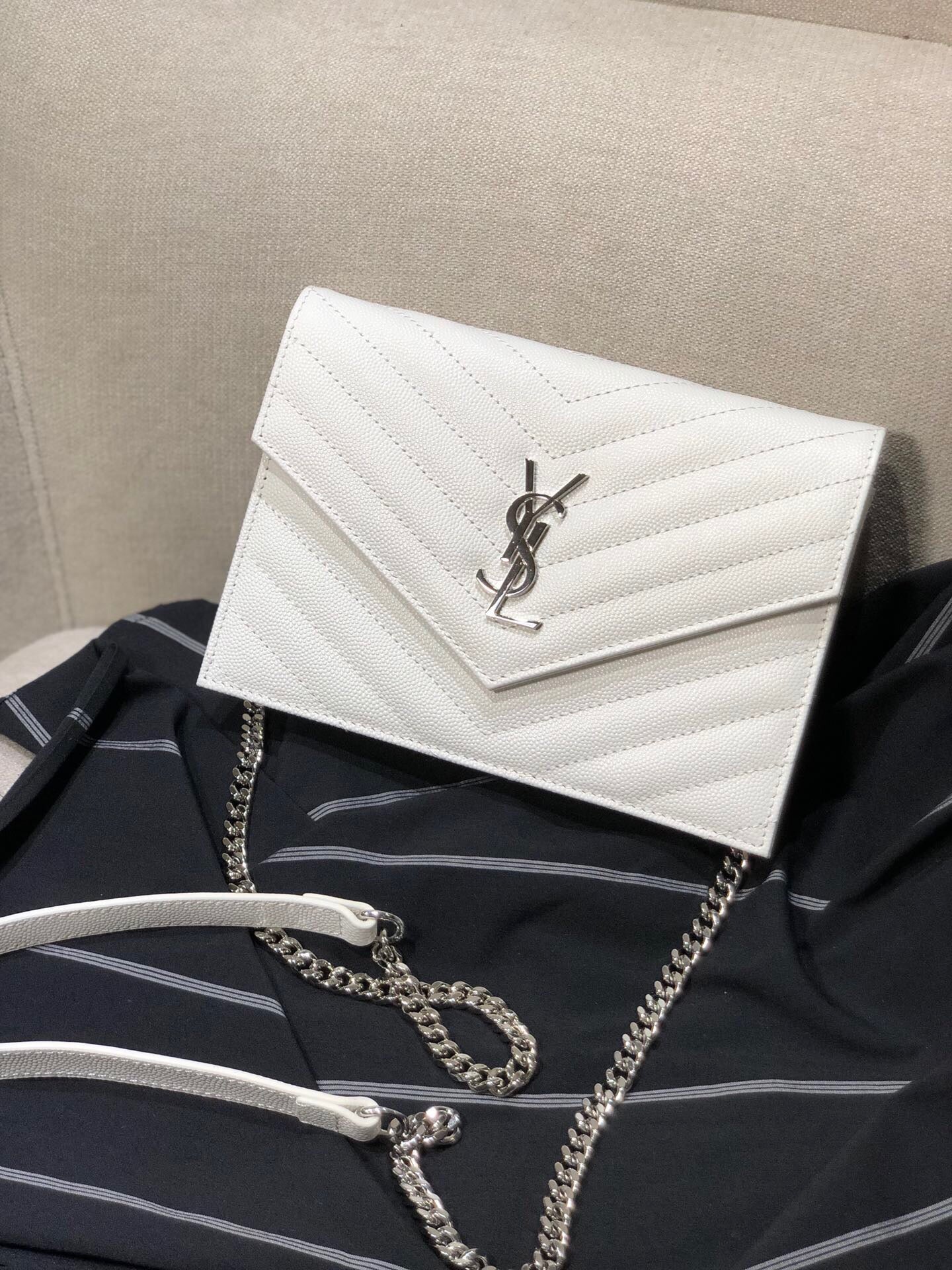 Saint Laurent Cassandre Matelassé Chain Wallet in White Quilted Leather